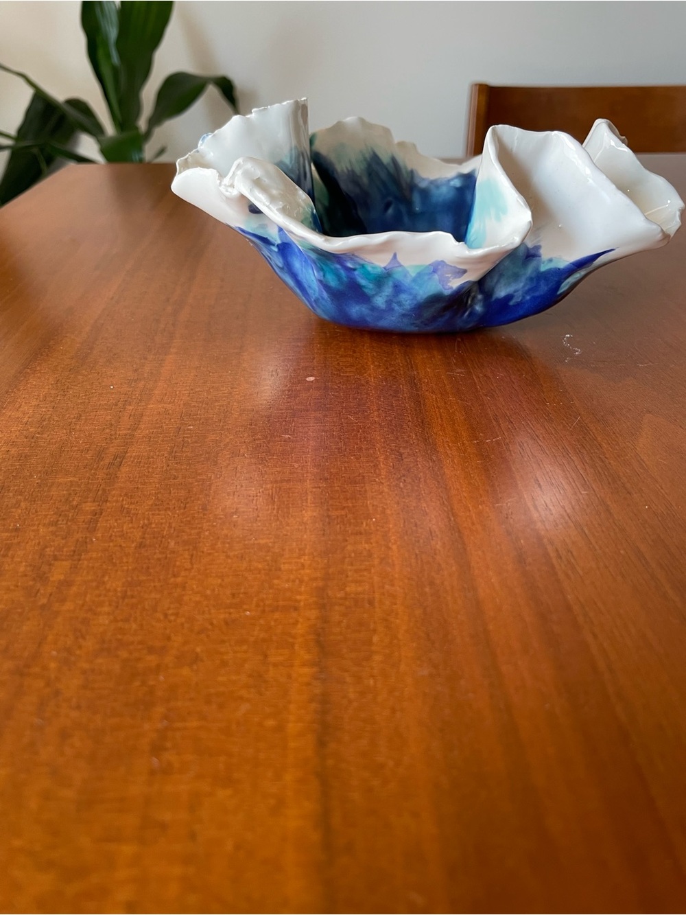 White Ceramic Decorative/ Ring Bowl with Blue Abstract Glaze - Picture 4 of 6